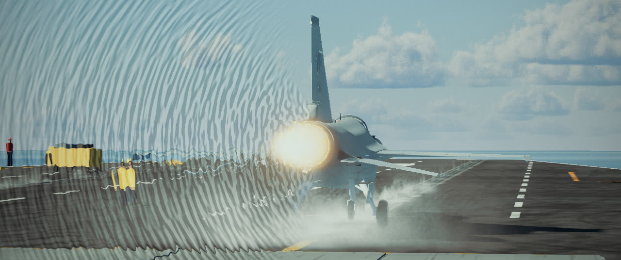 The first version: a yellow-white ball at the nozzle and rippled air