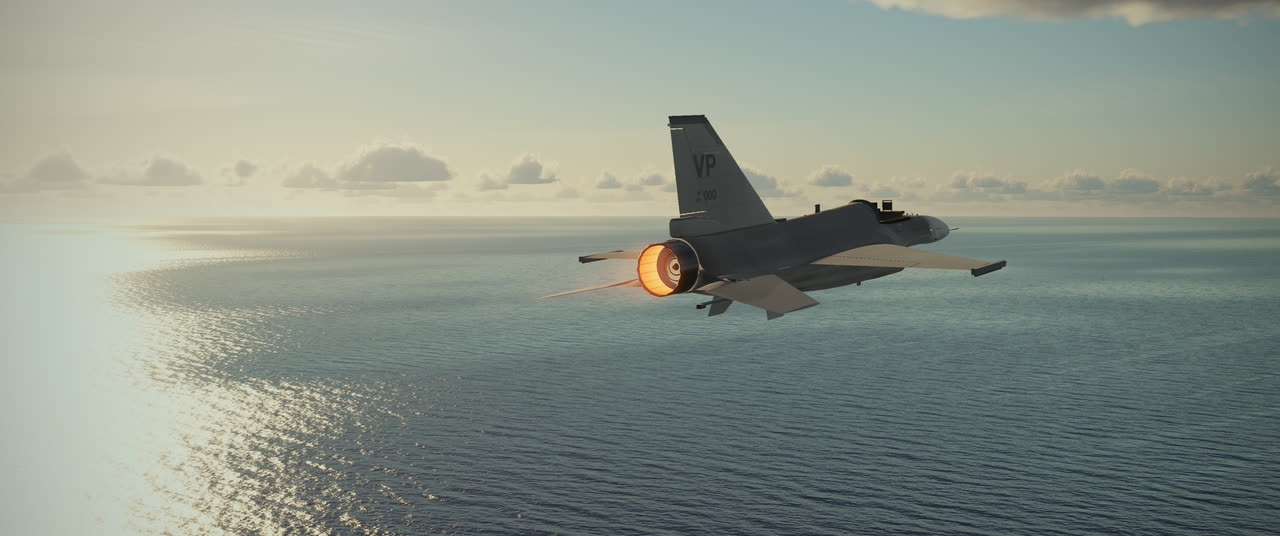 The F-16 over the sea with the heat haze switched off