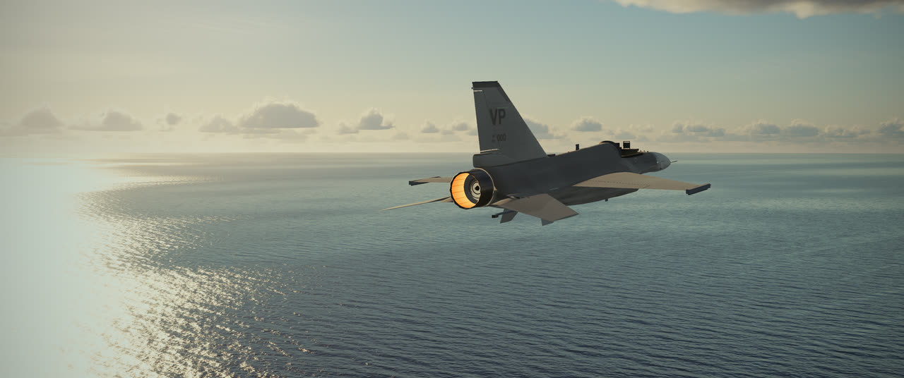 The F-16 over the sea with only the glowing nozzle interior: no flame and no haze