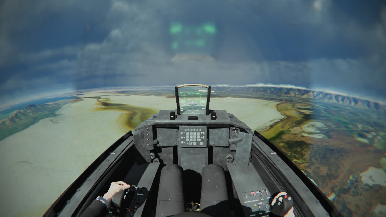 The same moment with no aids: only the cockpit and the ground