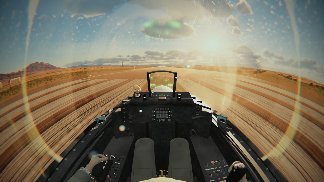 The whole GoPro view on the runway at golden hour: the shiba stands on the glareshield to the left of the HUD