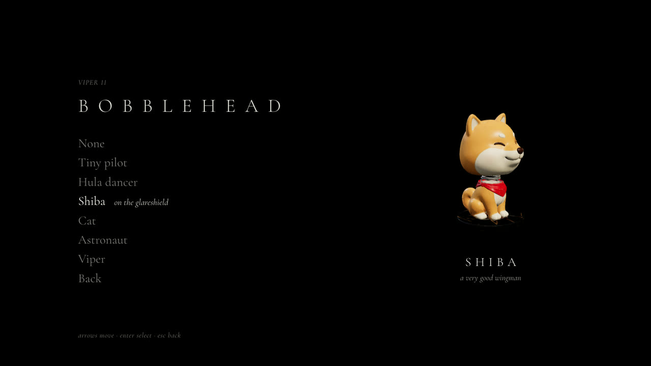 The Bobblehead page of the game's menu: a list of the six stock figures on the left, the shiba turning on a turntable on the right