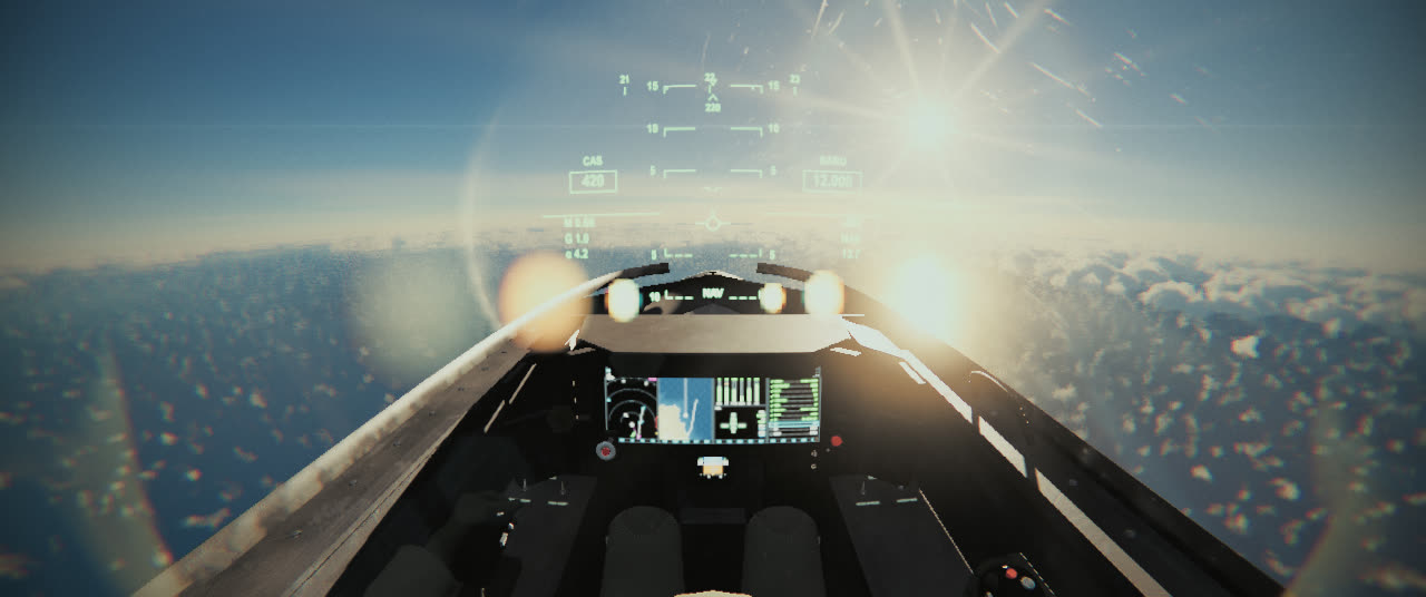 The F-35C cockpit at golden hour, the sun scattering in scratches on the canopy