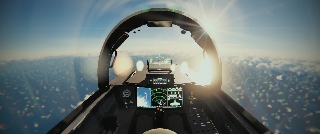 The Super Hornet cockpit at golden hour, the sun beside the canopy bow