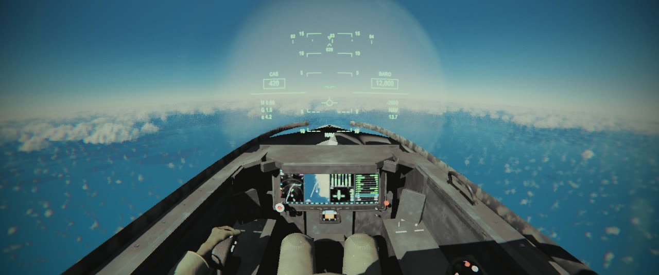 The F-35C cockpit from the helmet camera: the helmet symbology over the sky, the panoramic display below
