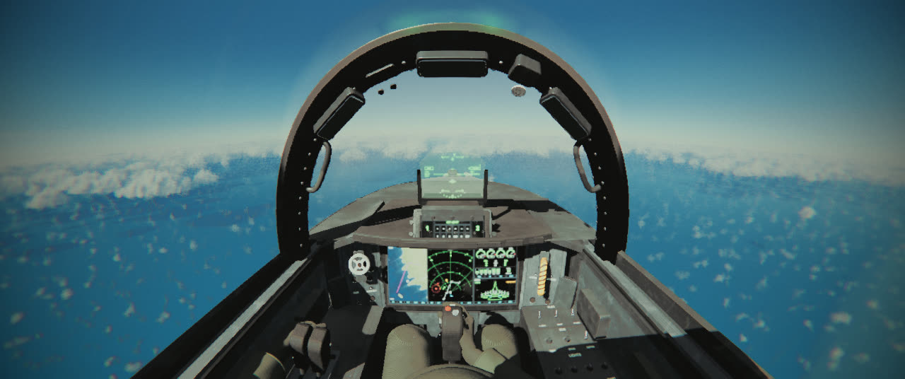 The Super Hornet cockpit from the helmet camera: the canopy bow arching overhead, the HUD and the large display