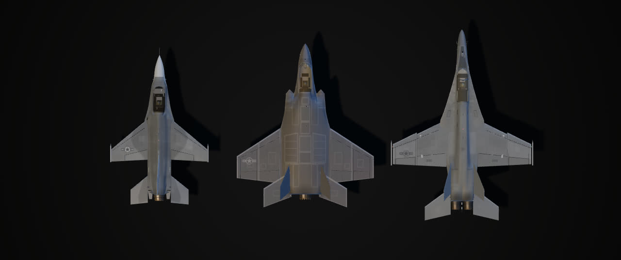The F-16, F-35C and Super Hornet seen from directly above, side by side at the same scale