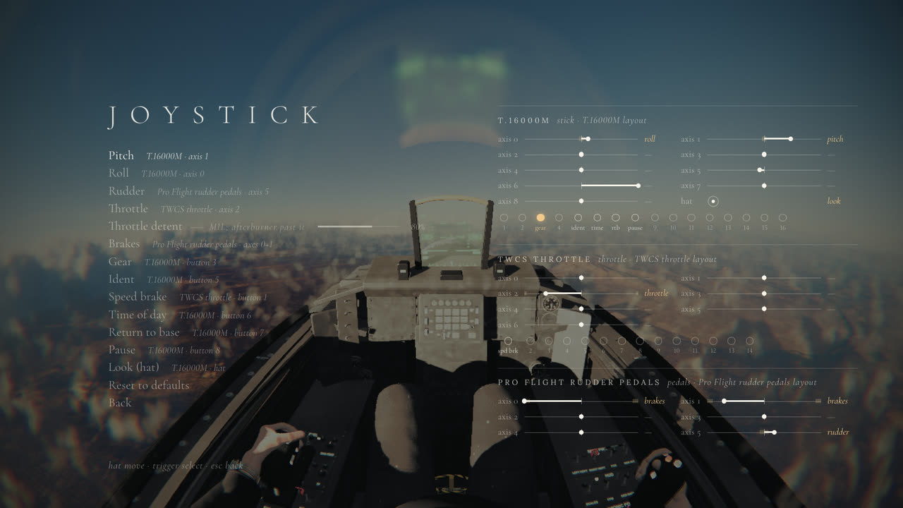The joystick calibration page: a list of actions and their bindings on the left, a live monitor of three devices' axes and buttons on the right