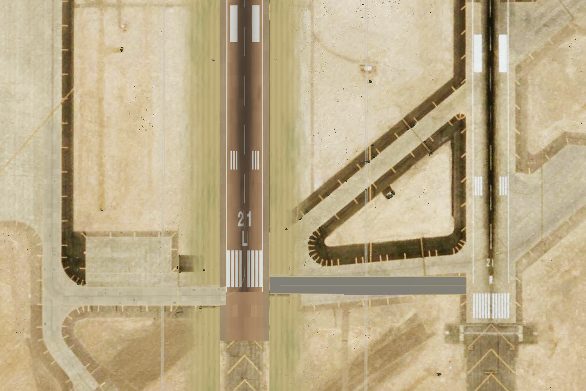 The game's render of the same view, with the procedural runway