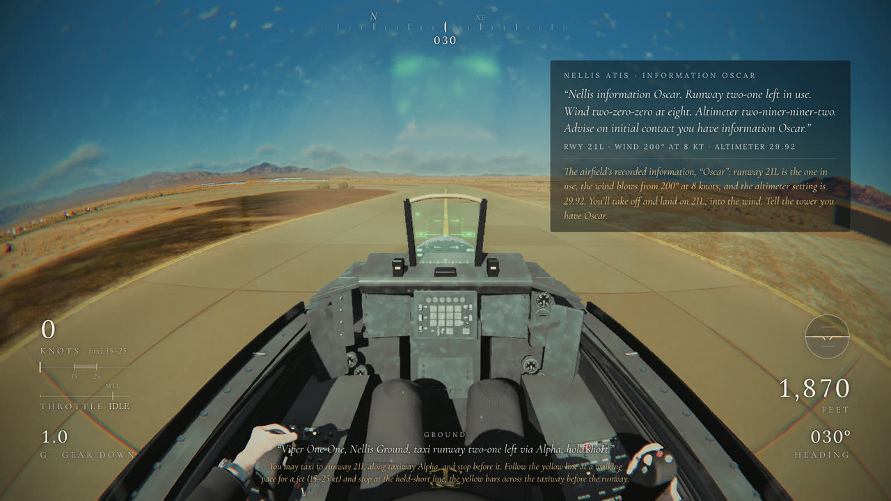 The ATIS card in the top right of the screen: Nellis ATIS, information Oscar, the broadcast, its figures, and an explanation in gold