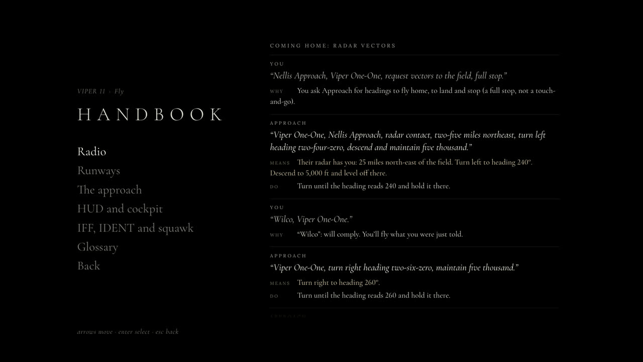 The Pilot's Handbook open on the radio section: the request for vectors, Approach's radar contact and a heading call, each with what it means and what to do