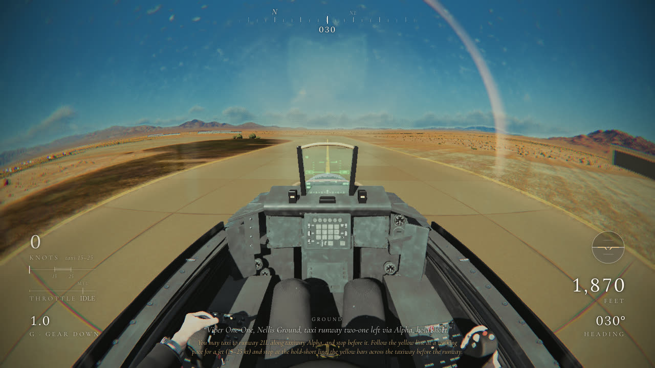 Parked at Nellis with Ground's taxi call subtitled, and under it a line in gold explaining what it means