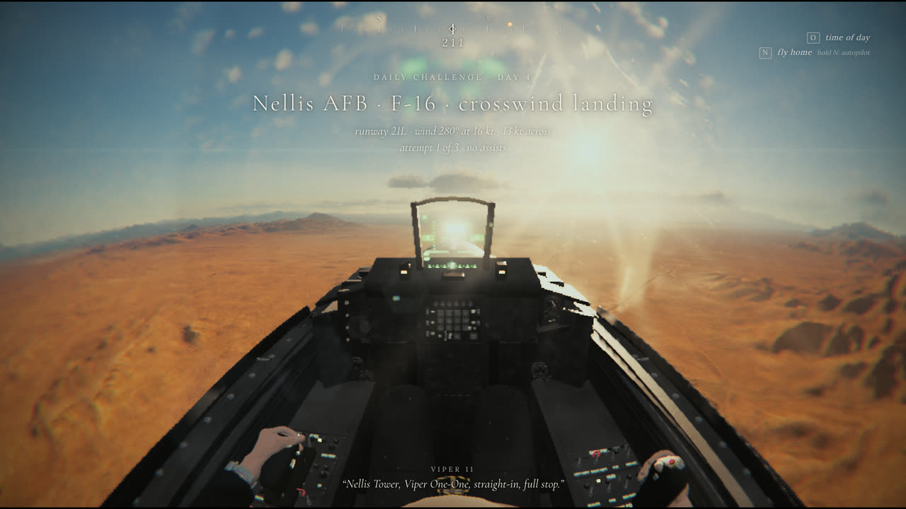 The daily challenge briefing over the cockpit on a long final: Daily challenge, day 4, Nellis AFB, F-16, crosswind landing, runway 21L, wind 280 at 16 knots, 13 knots across, attempt 1 of 3, no assists