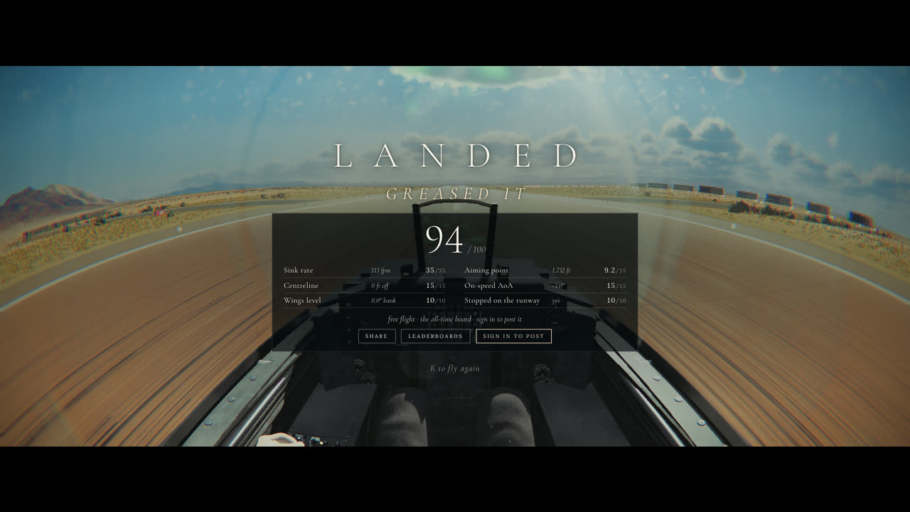 The LANDED card: GREASED IT, a score of 94 out of 100, and six lines of breakdown, over the cockpit stopped on the runway